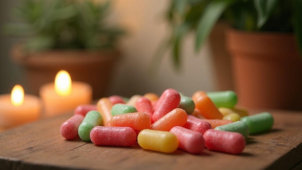 A variety of colorful chewing gums arranged neatly on a wooden table, surrounded by soft ambient lighting and soothing background objects like candles or a relaxing plant.
