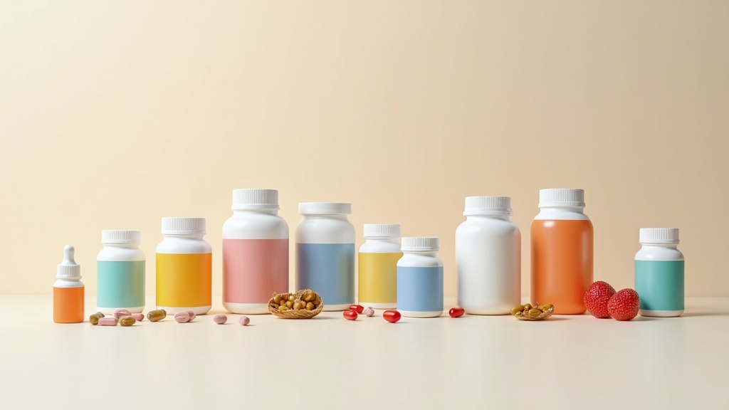 A variety of supplement bottles and capsules arranged on a neutral background, with a focus on colorful labels and packaging.