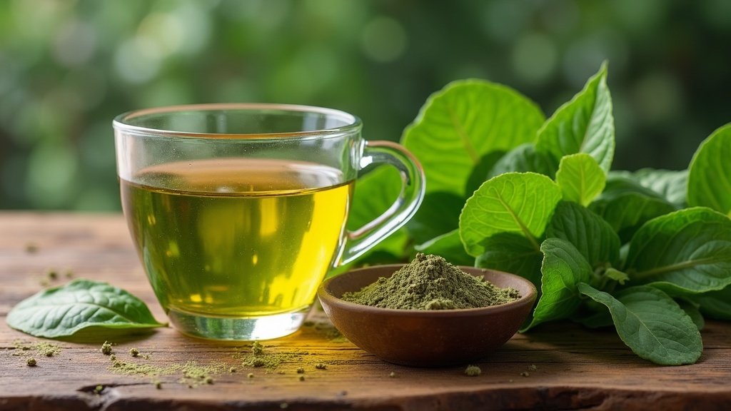 A glass cup of fresh organic green tea with vibrant green leaves and a small bowl of powdered extract on a rustic wooden table