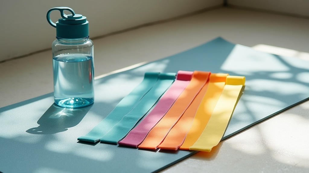 colorful resistance bands on a yoga mat with a water bottle nearby