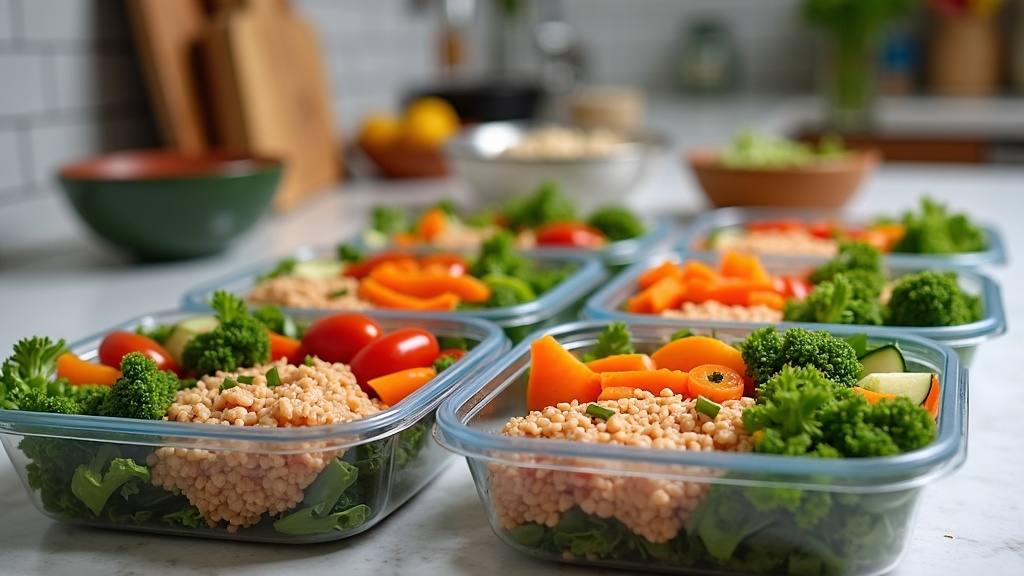 Freshly prepped healthy meal containers on a kitchen counter filled with colorful vegetables, lean protein, and grains. Bowls of ingredients and kitchen tools are visible in the background.